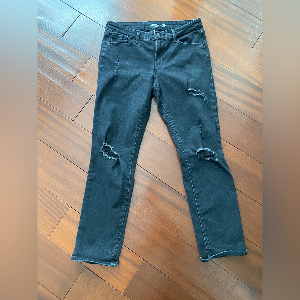 Old Navy Power Slim Straight mid rise petite distressed jeans
